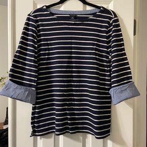 Nautica Navy Blue & White Striped 3/4 Length Sleeve Shirt w/ Cuffed Sleeves - XL